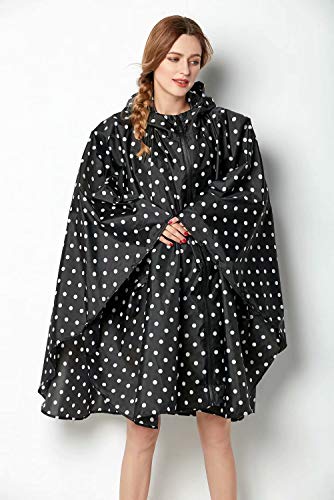 Poncho impermeable para mujer, con capucha, ligero y reutilizable Negro Lunares negros. Talla única Poncho impermeable para mujer, con capucha, ligero y reutilizable Negro Lunares negros. Talla única