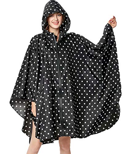 Poncho impermeable para mujer, con capucha, ligero y reutilizable Negro Lunares negros. Talla única