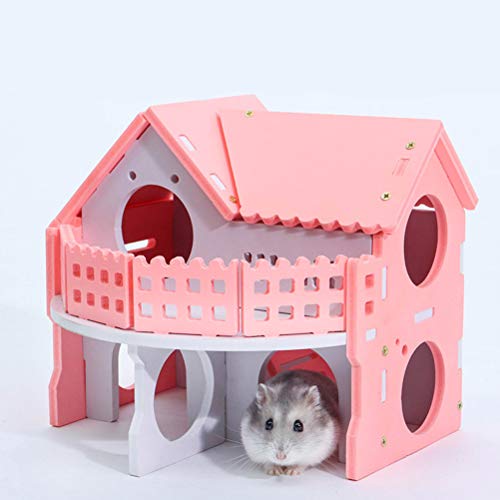 POPETPOP Castillo Casa de Madera para Hamster, Cama Ecológica de Dos Niveles con Escalera para Hamster Cobaya Mascotas Pequeñas (Rosa)