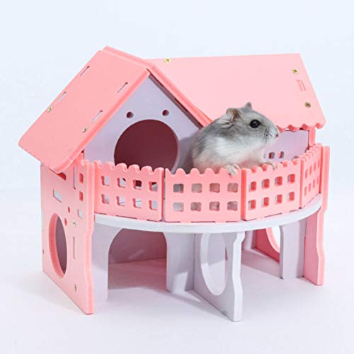 POPETPOP Castillo Casa de Madera para Hamster, Cama Ecológica de Dos Niveles con Escalera para Hamster Cobaya Mascotas Pequeñas (Rosa)