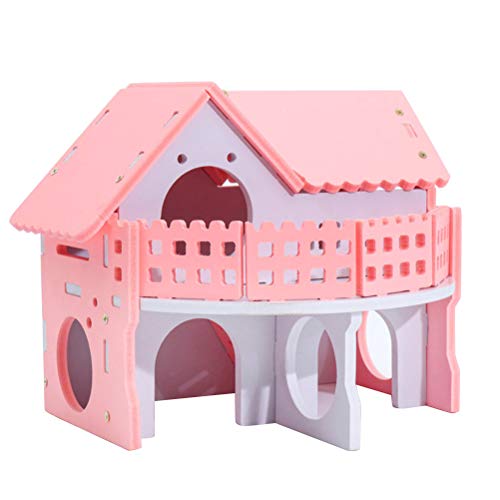 POPETPOP Castillo Casa de Madera para Hamster, Cama Ecológica de Dos Niveles con Escalera para Hamster Cobaya Mascotas Pequeñas (Rosa)