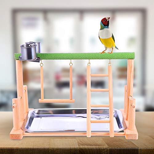 POPETPOP Centro de Actividades de Vida de Aves Parrots Playground Wood Perch Gym Stand Ladder Ejercicio Playgym con Comedero Tazas Juguetes para Animales Pequeños Periquito Conure