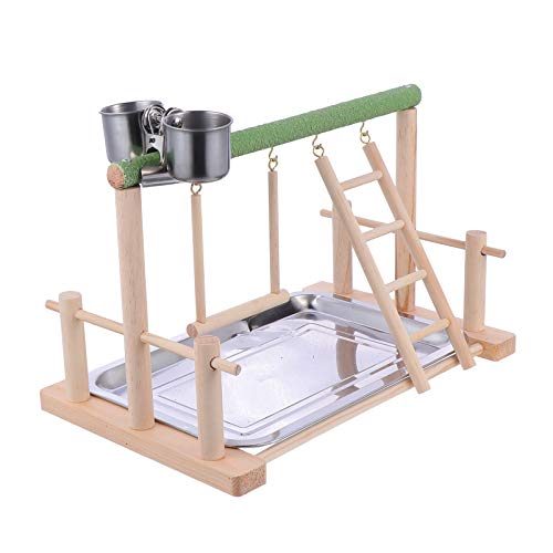 POPETPOP Centro de Actividades de Vida de Aves Parrots Playground Wood Perch Gym Stand Ladder Ejercicio Playgym con Comedero Tazas Juguetes para Animales Pequeños Periquito Conure