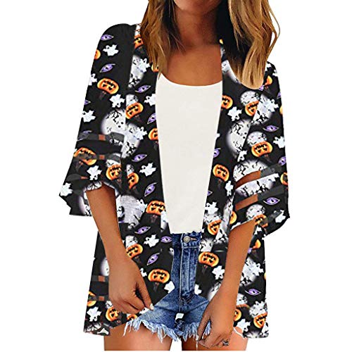 Posional Panel de Malla para Mujer 3/4 Campana Manga Halloween Gasa Casual Kimono Suelto Chaqueta de Punto Posional Panel de Malla para Mujer 3/4 Campana Manga Halloween Gasa Casual Kimono Suelto Chaqueta de Punto