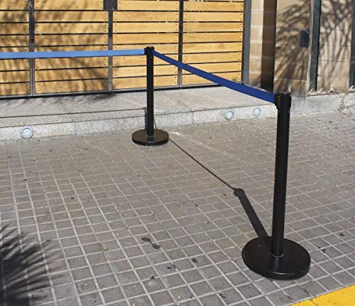 Poste separador de hierro lacado negro con Cinta Extensible Azul 3m. Delimitador de paso con cinta extensible de 3 m. Poste retráctil. (1- Poste cinta extensible)