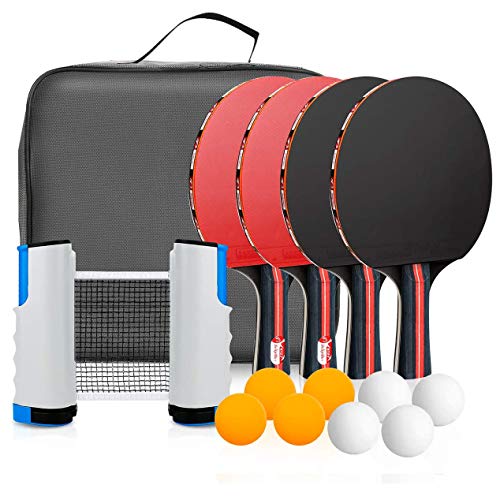 Powcan Conjunto de Tenis de Mesa con Red, 4 Raquetas + 8 Bolas/Pelotas de Tenis de Mesa + 1 Red Retráctil, Juego de Tenis de Mesa Portátil para Interior al Aire Libre