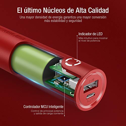 POWERADD EnergyCell Power Bank 5000mAh Cargador Portátil con Salida de 2.4A, Cargador rápido para iPhone,Samsung,Huawei, Xiaomi y Otros Teléfonos Inteligentes- Rojo