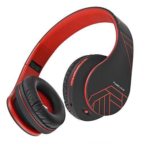 PowerLocus P2 – Auriculares Bluetooth inalambricos de Diadema Cascos Plegables, Casco Bluetooth con Sonido Estéreo Micro SD/TF, FM con micrófono y Audio Cable para Movil, PC, Tablet - Negro/Rojo