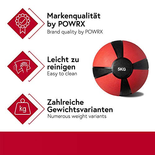 POWRX - Balón Medicinal 5 kg + PDF Workout (Rojo)