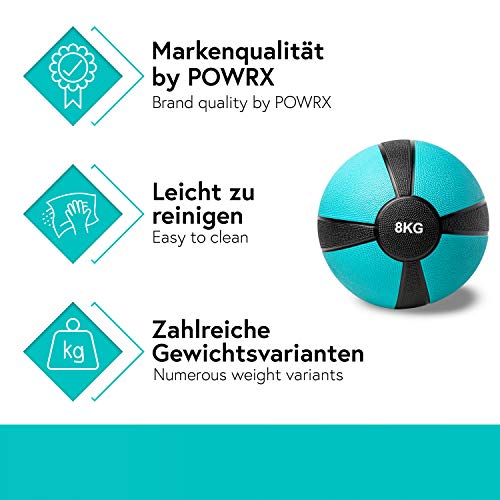 POWRX - Balón Medicinal 8 kg + PDF Workout (Turquesa)