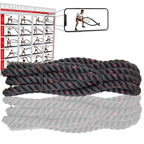 POWRX Battle Rope 12M x 50mm - Cuerda de Batalla Ideal para »Functional Fitness« - Agarre Antideslizante + PDF Workout (Negro)