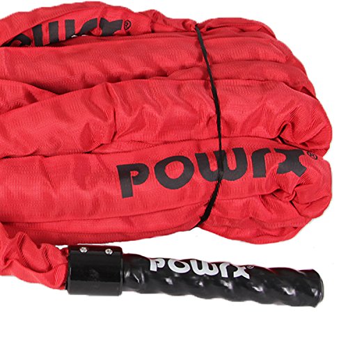 POWRX Battle Rope 15M x 38 mm - Cuerda de Batalla Ideal para »Functional Fitness« - Mangos Antideslizantes + PDF Workout (Rojo)