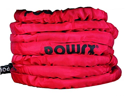 POWRX Battle Rope 15M x 38 mm - Cuerda de Batalla Ideal para »Functional Fitness« - Mangos Antideslizantes + PDF Workout (Rojo)