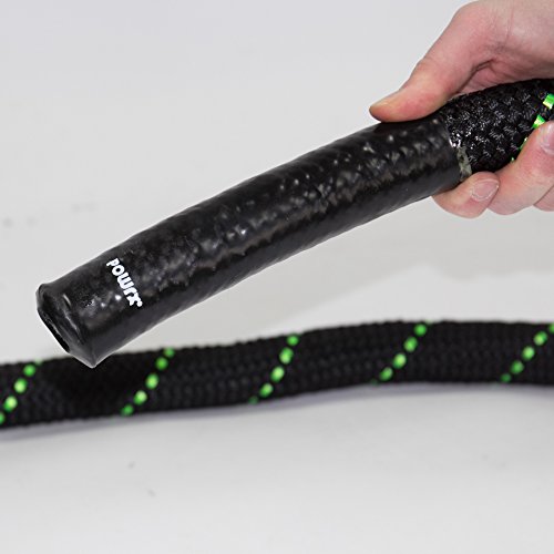 POWRX Battle Rope 9M x 38 mm Ø - Ideal para »Functional Fitness« - Agarre Antideslizante + PDF Workout (Negro/Verde)