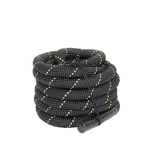 POWRX Battle Rope 9M x 38 mm Ø - Ideal para »Functional Fitness« - Agarre Antideslizante + PDF Workout (Negro/Verde)