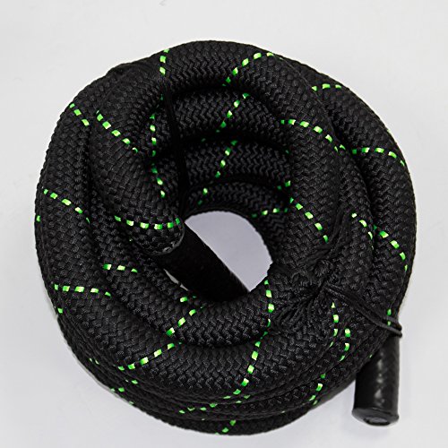 POWRX Battle Rope 9M x 38 mm Ø - Ideal para »Functional Fitness« - Agarre Antideslizante + PDF Workout (Negro/Verde)