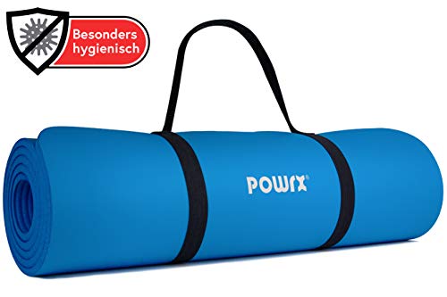 POWRX Colchoneta Fitness Antideslizante 183 x 60 cm - Esterilla Ideal para Yoga, Pilates y ginnasia - Extra Suave de 1 cm de Grosor - Ecológica con Cinta para Transporte y Funda + Poster (BLU Cielo)