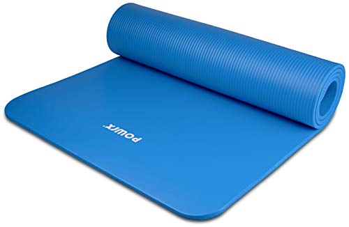 POWRX Colchoneta Fitness Antideslizante 183 x 60 cm - Esterilla Ideal para Yoga, Pilates y ginnasia - Extra Suave de 1 cm de Grosor - Ecológica con Cinta para Transporte y Funda + Poster (BLU Cielo)