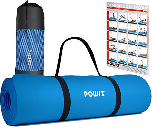 POWRX Colchoneta Fitness Antideslizante 183 x 60 cm - Esterilla Ideal para Yoga, Pilates y ginnasia - Extra Suave de 1 cm de Grosor - Ecológica con Cinta para Transporte y Funda + Poster (BLU Cielo)