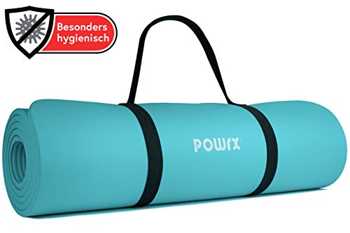 POWRX Colchoneta Fitness Antideslizante 183 x 60 cm - Esterilla Ideal para Yoga, Pilates y ginnasia - Extra Suave de 1 cm de Grosor - Ecológica con Cinta para Transporte y Funda + Poster (Turquesa)