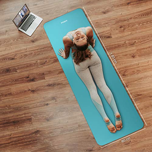 POWRX Colchoneta Fitness Antideslizante 183 x 60 cm - Esterilla Ideal para Yoga, Pilates y ginnasia - Extra Suave de 1 cm de Grosor - Ecológica con Cinta para Transporte y Funda + Poster (Turquesa) POWRX Colchoneta Fitness Antideslizante 183 x 60 cm - Esterilla Ideal para Yoga, Pilates y ginnasia - Extra Suave de 1 cm de Grosor - Ecológica con Cinta para Transporte y Funda + Poster (Turquesa)