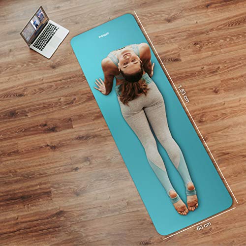 POWRX Colchoneta Fitness Antideslizante 183 x 60 cm - Esterilla Ideal para Yoga, Pilates y ginnasia - Extra Suave de 1 cm de Grosor - Ecológica con Cinta para Transporte y Funda + Poster (Turquesa)