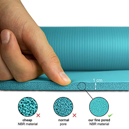 POWRX Colchoneta Fitness Antideslizante 183 x 60 cm - Esterilla Ideal para Yoga, Pilates y ginnasia - Extra Suave de 1 cm de Grosor - Ecológica con Cinta para Transporte y Funda + Poster (Turquesa)