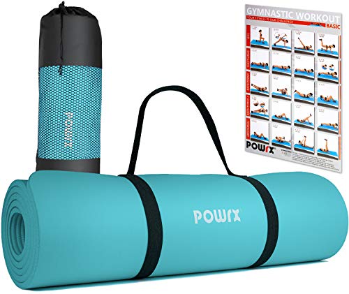 POWRX Colchoneta Fitness Antideslizante 183 x 60 cm - Esterilla Ideal para Yoga, Pilates y ginnasia - Extra Suave de 1 cm de Grosor - Ecológica con Cinta para Transporte y Funda + Poster (Turquesa)