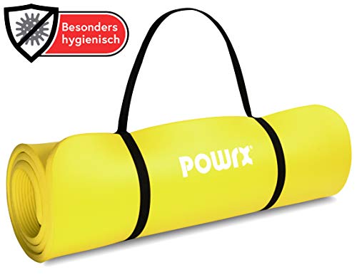 POWRX - Colchoneta Fitness Antideslizante 190 x 100 x 1,5 cm - Esterilla Extra Suave Ideal para Yoga, Pilates y ginnasia - Ecológica con Cinta para Transporte y Funda + Poster (Amarillo)