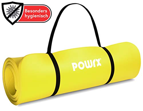 POWRX - Colchoneta Fitness Antideslizante 190 x 100 x 1,5 cm - Esterilla Extra Suave Ideal para Yoga, Pilates y ginnasia - Ecológica con Cinta para Transporte y Funda + Poster (Amarillo) POWRX - Colchoneta Fitness Antideslizante 190 x 100 x 1,5 cm - Esterilla Extra Suave Ideal para Yoga, Pilates y ginnasia - Ecológica con Cinta para Transporte y Funda + Poster (Amarillo)