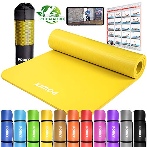 POWRX - Colchoneta Fitness Antideslizante 190 x 100 x 1,5 cm - Esterilla Extra Suave Ideal para Yoga, Pilates y ginnasia - Ecológica con Cinta para Transporte y Funda + Poster (Amarillo)