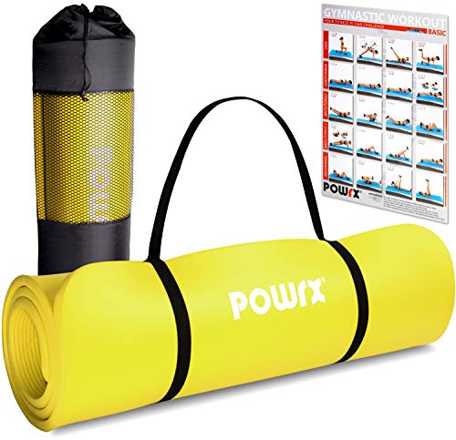 POWRX - Colchoneta Fitness Antideslizante 190 x 100 x 1,5 cm - Esterilla Extra Suave Ideal para Yoga, Pilates y ginnasia - Ecológica con Cinta para Transporte y Funda + Poster (Amarillo)