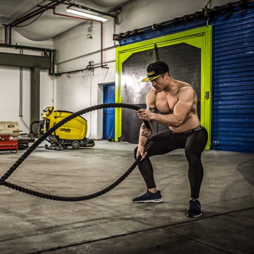 POWRX Cuerda de Batalla Battle Rope - Ideal para »Functional Fitness« - Hecha de Nylon Resistente con Mangos Antideslizantes - Longitud 15M - Diámetro 38/50mm + PDF Workout (15M x 38 mm/Nylon Fino)
