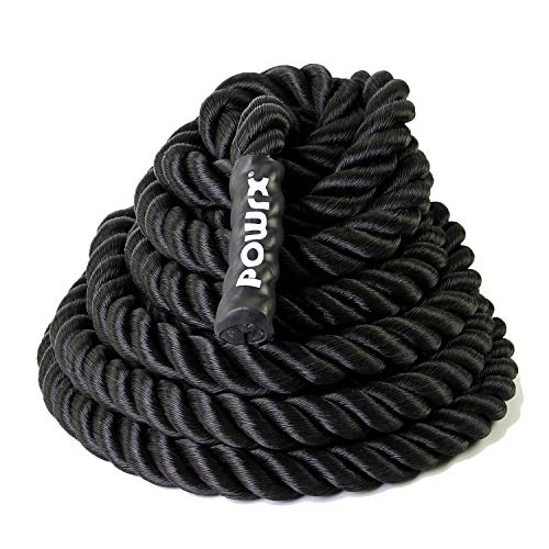 POWRX Cuerda de Batalla Battle Rope - Ideal para »Functional Fitness« - Hecha de Nylon Resistente con Mangos Antideslizantes - Longitud 15M - Diámetro 38/50mm + PDF Workout (15M x 38 mm/Nylon Fino)