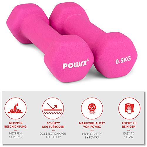 POWRX Mancuernas hexagonales Neopreno 1 kg Set (2 x 0,5 kg) - Ideales para Ejercicios en casa y Gimnasio - Peso y Color a Elegir + PDF Workout (Pink)