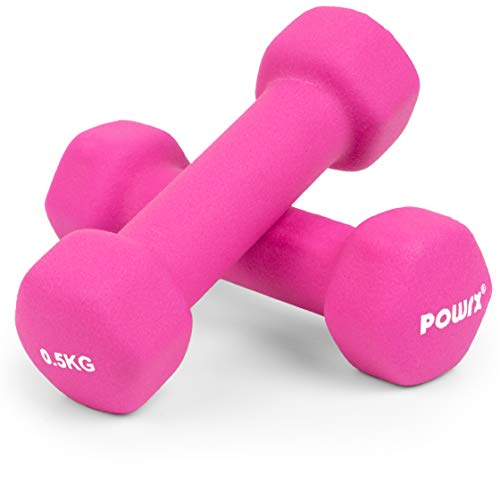 POWRX Mancuernas hexagonales Neopreno 1 kg Set (2 x 0,5 kg) - Ideales para Ejercicios en casa y Gimnasio - Peso y Color a Elegir + PDF Workout (Pink)