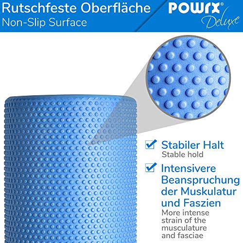 POWRX Rodillo Pilates de Espuma EVA 90 x 15 cm - Foam Roller para Masaje Muscular, Trigger Point y Rehabilitación - Ideal para Entrenamiento en casa y Gimnasio + PDF Workout (BLU)