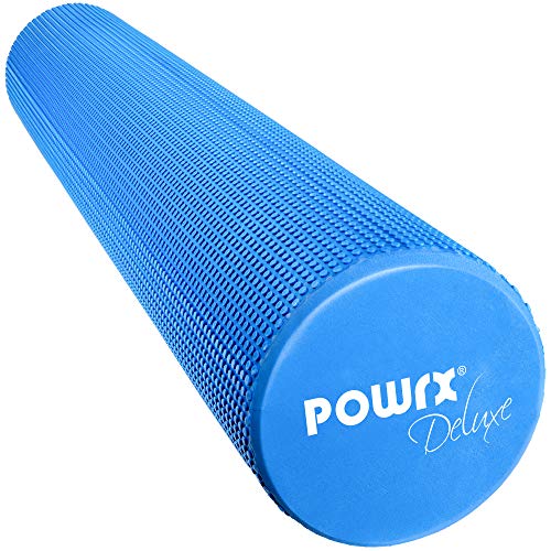 POWRX Rodillo Pilates de Espuma EVA 90 x 15 cm - Foam Roller para Masaje Muscular, Trigger Point y Rehabilitación - Ideal para Entrenamiento en casa y Gimnasio + PDF Workout (BLU)