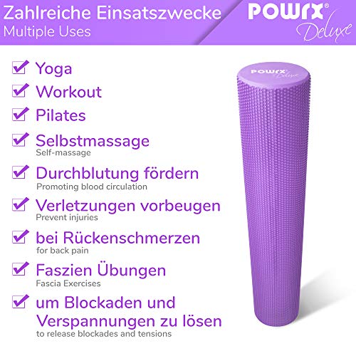 POWRX Rodillo Pilates de Espuma EVA 90 x 15 cm - Foam Roller para Masaje Muscular, Trigger Point y Rehabilitación - Ideal para Entrenamiento en casa y Gimnasio + PDF Workout (Viola)