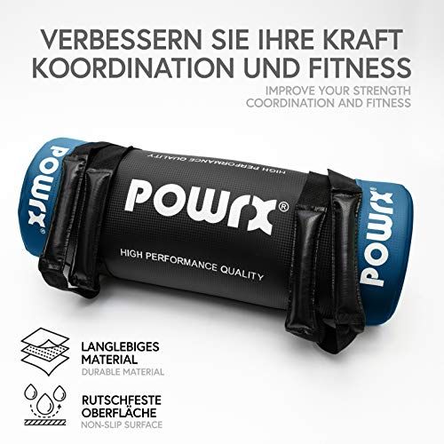 POWRX Sandbag 20 kg - Perfecta para mejorar equilibrio, fuerza y coordinación - Power bag con cuatro agarres + PDF workout (Azul)