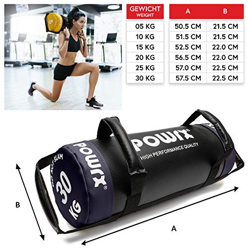 POWRX Sandbag de 5 a 30 kg - Perfecta para mejorar equilibrio, fuerza y coordinación - Power bag con cuatro agarres + PDF workout (30 kg / Violeta)