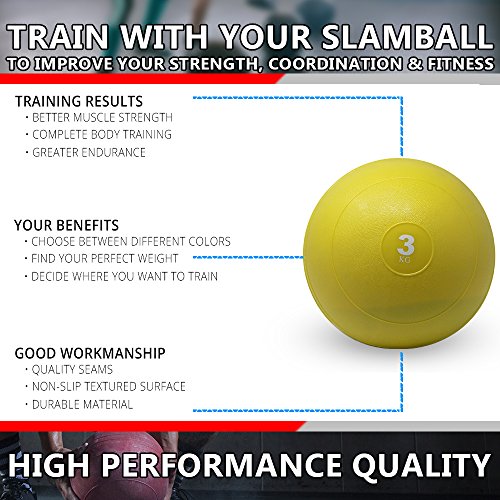 POWRX Slam Ball Balón Medicinal 3 kg - Ideal para Ejercicios de »Functional Fitness«, fortalecimiento y tonificación Muscular - Contenido de Arena y Efecto Anti-Rebote + PDF Workout (Amarillo)