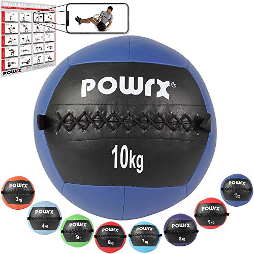 POWRX Wall Ball Balón Medicinal 10 kg - Ideal para Ejercicios de »Functional Fitness«, fortalecimiento y tonificación Muscular - Agarre Antideslizante + PDF Workout (BLU)