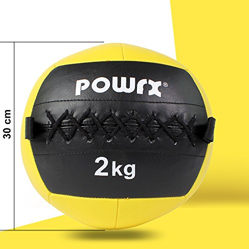 POWRX Wall ball Balón medicinal 2 kg - Ideal para ejercicios de »Functional Fitness«, fortalecimiento y tonificación muscular - Agarre antideslizante + PDF workout (Amarillo)
