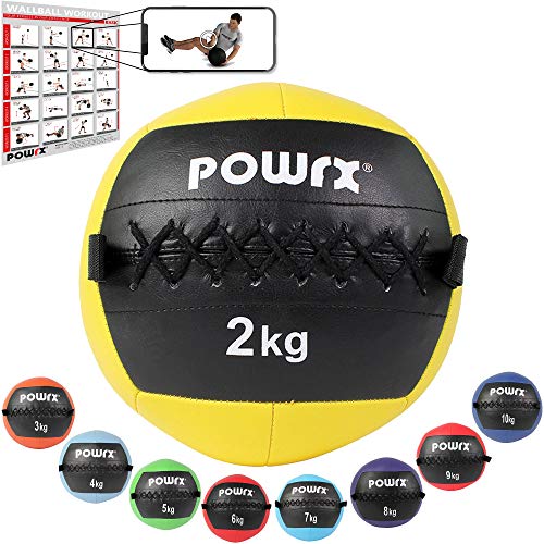 POWRX Wall ball Balón medicinal 2 kg - Ideal para ejercicios de »Functional Fitness«, fortalecimiento y tonificación muscular - Agarre antideslizante + PDF workout (Amarillo)