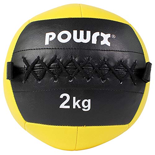 POWRX Wall ball Balón medicinal 2 kg - Ideal para ejercicios de »Functional Fitness«, fortalecimiento y tonificación muscular - Agarre antideslizante + PDF workout (Amarillo)