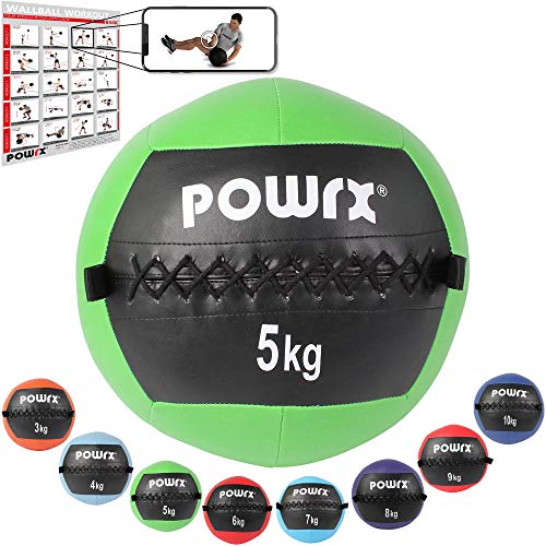 POWRX Wall Ball Balón Medicinal 5 kg - Ideal para Ejercicios de »Functional Fitness«, fortalecimiento y tonificación Muscular - Agarre Antideslizante + PDF Workout (Verde)