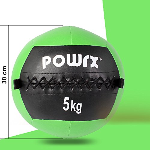 POWRX Wall Ball Balón Medicinal 5 kg - Ideal para Ejercicios de »Functional Fitness«, fortalecimiento y tonificación Muscular - Agarre Antideslizante + PDF Workout (Verde)