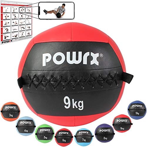 POWRX Wall Ball Balón Medicinal 9 kg - Ideal para Ejercicios de »Functional Fitness«, fortalecimiento y tonificación Muscular - Agarre Antideslizante + PDF Workout (Rojo)
