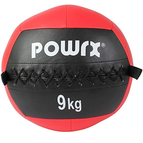 POWRX Wall Ball Balón Medicinal 9 kg - Ideal para Ejercicios de »Functional Fitness«, fortalecimiento y tonificación Muscular - Agarre Antideslizante + PDF Workout (Rojo)
